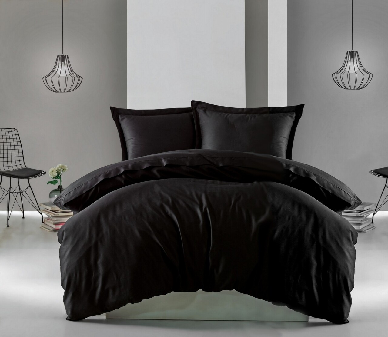 Lenjerie de pat dubla, 4 piese, 100% bumbac satinat, Cotton Box, Premium Elegant, negru - imagine 3
